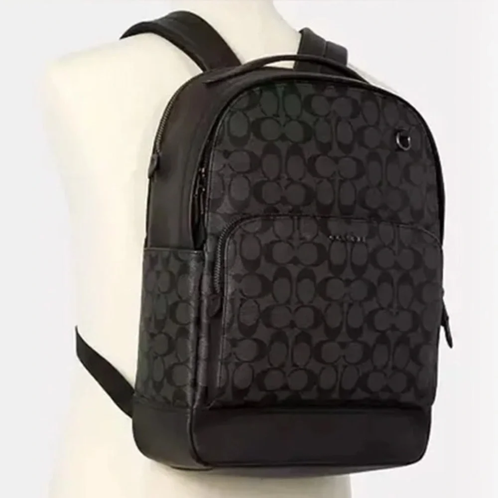 Coach 𝐍𝐖𝐓 Black Signature Canvas Backpack with Leather Trim NEW